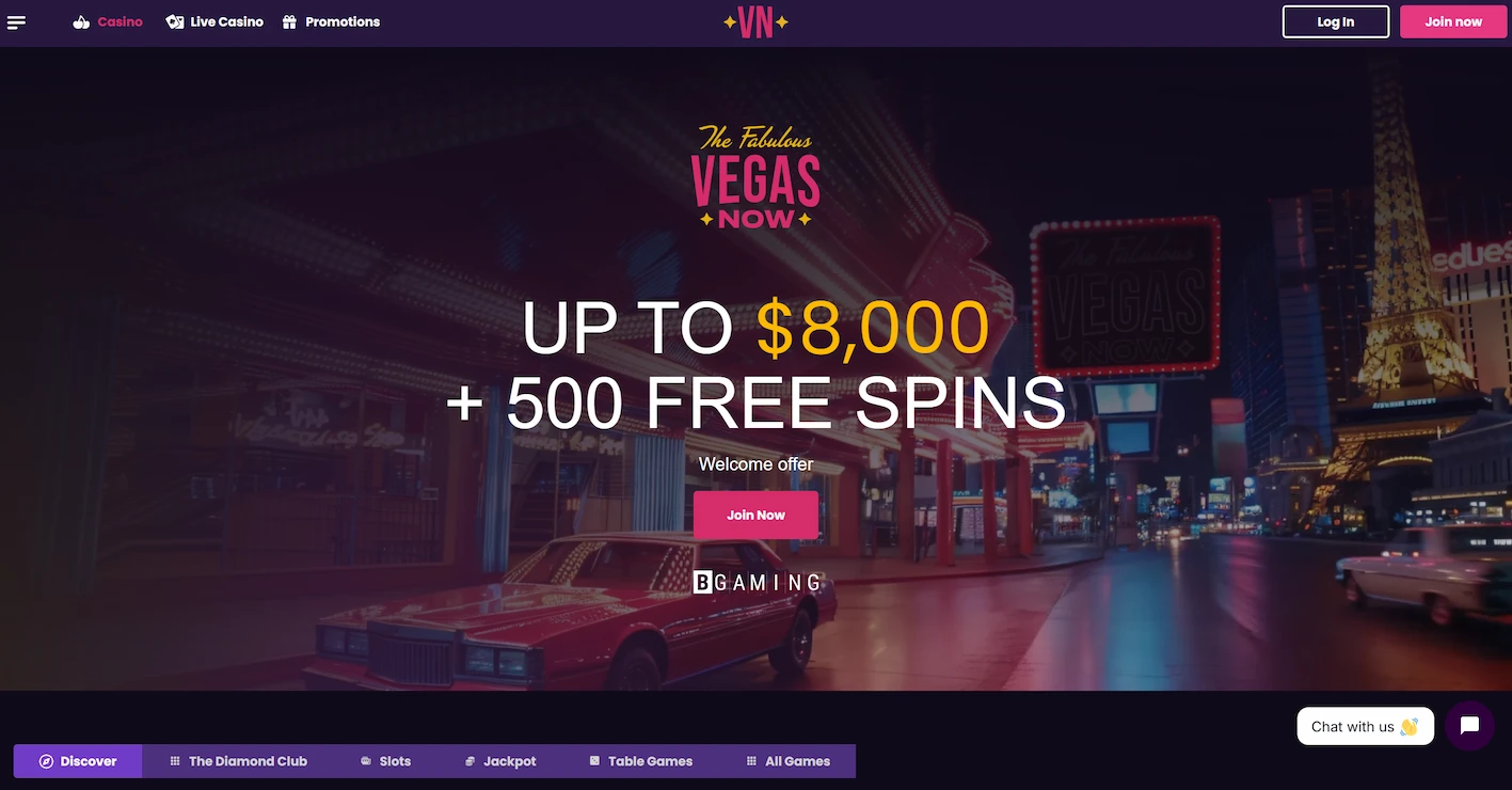 VegasNow casino showing welcome offer and site navigation
