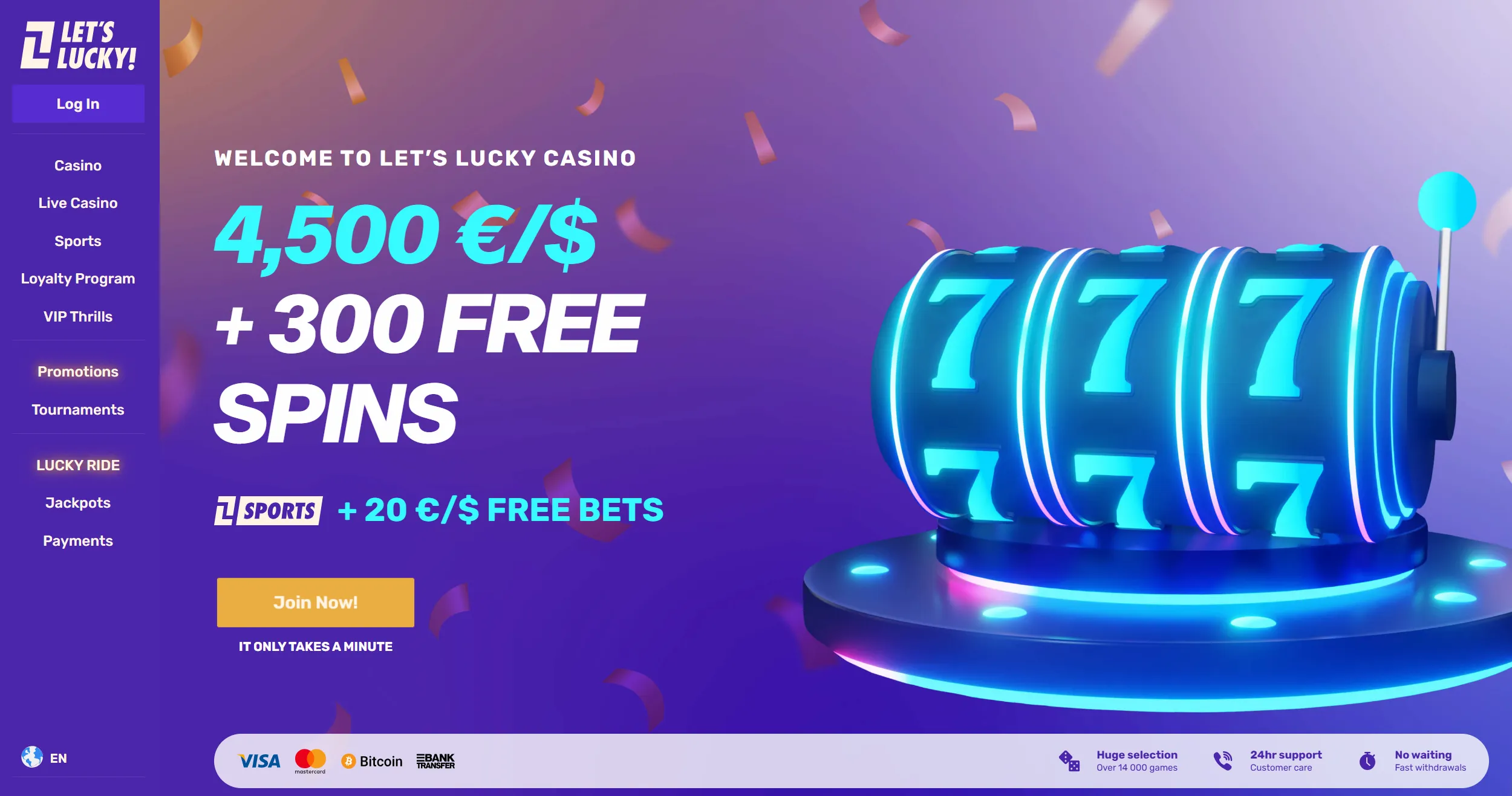 Let's Lucky casino homepage showing welcome offer and site navigation